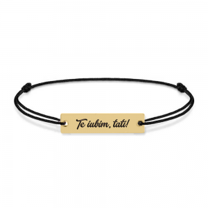 Bratara argint tablita 30 mm si snur negru - personalizata cu text - placat cu aur galben de 24 karate